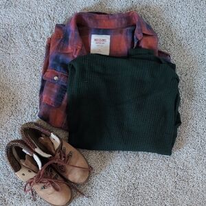 Mossimo Supply Co. Plaid Shirt with Green Dolman Shirt and Lace Up Boots